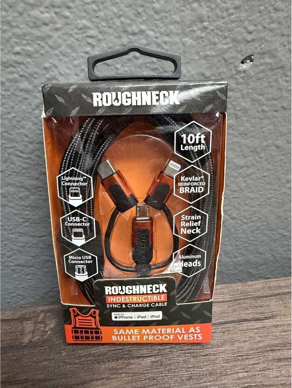 10ft Cable Apple Device USB-C Micro USB 3in1 Indestructible Charger Cord